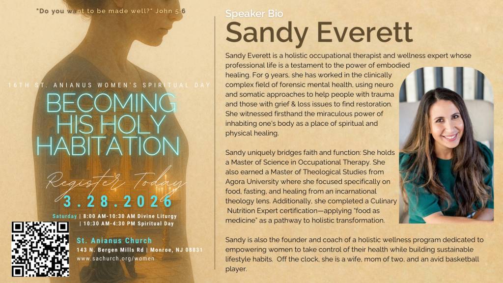 Women's Spiritual Day flyer with outline of a woman and registration info as well as date, time and location. Also includes headshot of speaker, Sandy Everett with a bio.